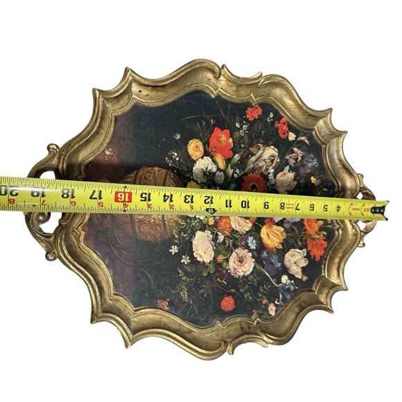 70s Vintage Italian Ornate Still Life Floral Gold Gilt Hard Plastic Serving Tray - Picture 2 of 10